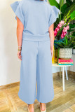 Beau Blue Textured Ruffled Sleeve Zipped Top and Wide Leg Pants Set
