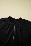 Black Half Zip Puff Sleeve Top and Ruffled Shorts Set