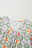 Green Geometric Floral Print Layered Flutter Sleeve V Neck Ric Rac Trim Blouse