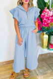 Beau Blue Textured Ruffled Sleeve Zipped Top and Wide Leg Pants Set