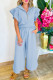 Beau Blue Textured Ruffled Sleeve Zipped Top and Wide Leg Pants Set