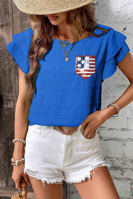 Dark Blue Textured Sequin Stars and Stripes Patched Ruffled Short Sleeve Blouse