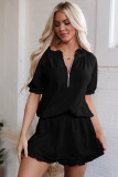 Black Half Zip Puff Sleeve Top and Ruffled Shorts Set