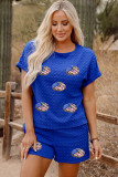 Sky Blue Textured USA Flag Doughnut Graphic Buttoned Back Tee and Shorts