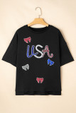 Black Sequin USA Bow Graphic Independence Day T Shirt