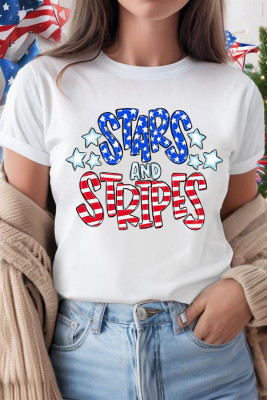 White Stars and Stripes Round Neck Graphic T Shirt