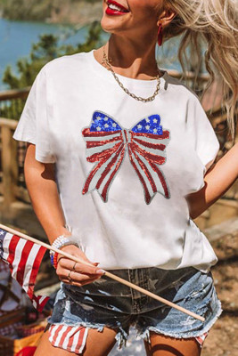 White USA Flag Bow Knot Patched Crew Neck T Shirt