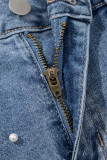 Dusk Blue Pearl Beaded Raw Hem Medium Wash Denim Shorts