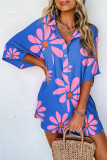 Blue Summer Flower Print Shirt Collar Button Front Loose Romper