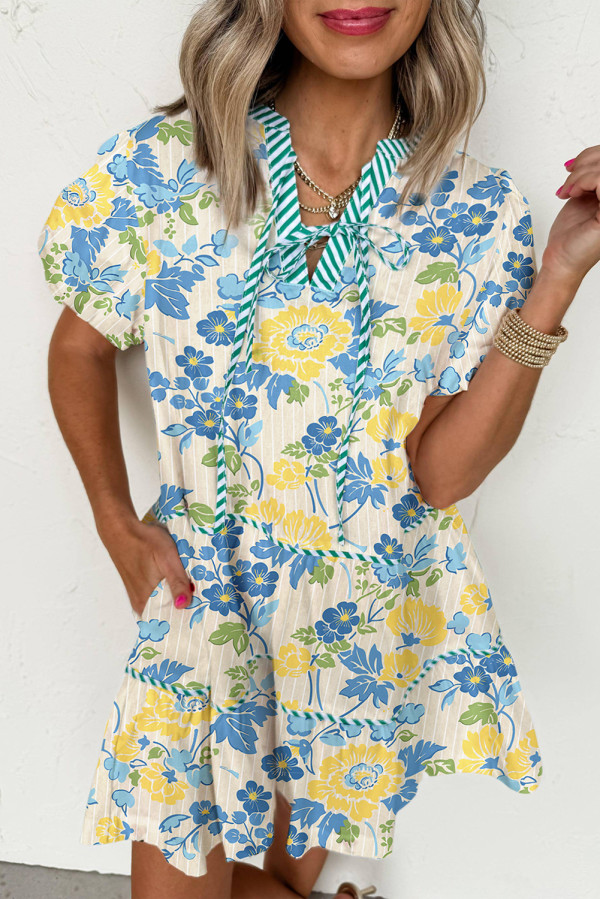 Blue Floral Striped Trim Puff Short Sleeve Dress