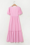 Pink Stripe V Neck Puff Short Sleeve Maxi Dress