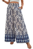 Blue Boho Pattern Print High Waist Wide Leg Loose Pants