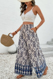 Blue Boho Pattern Print High Waist Wide Leg Loose Pants