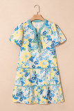 Blue Floral Striped Trim Puff Short Sleeve Dress