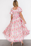 Pink Plus Size Floral Square Neck Puff Sleeve Ruffle Maxi Dress
