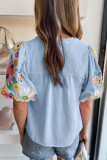 Beau Blue Floral Embroidered Puff Sleeve Split Neck Blouse