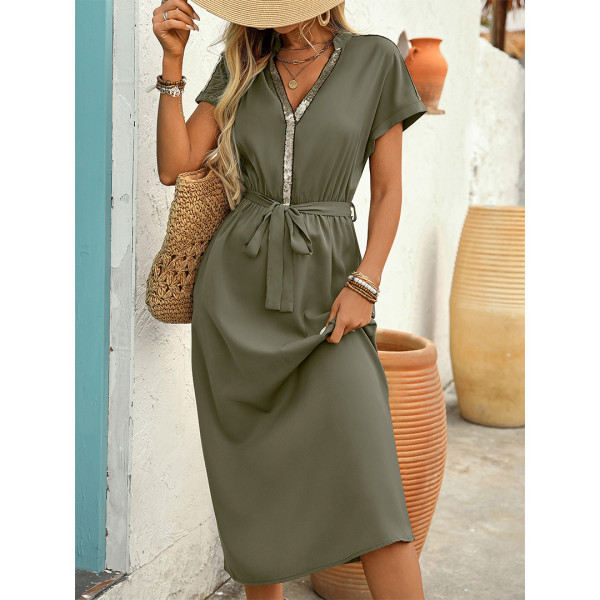 Army Green V Neck Glitter Long Dress