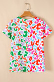 Green Contrast Leopard Print V Neck Short Sleeve Blouse