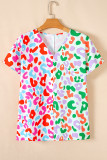 Green Contrast Leopard Print V Neck Short Sleeve Blouse