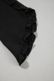 Black Ruffle Trimmed 3/4 Sleeve Round Neck Blouse