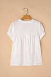 White Textured Short Sleeve Buttons Frayed Blouse
