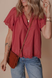 Red Dahlia Floral Embroidered Scallop Trim Short Sleeve V Neck Blouse