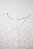 Khaki Leopard Print V Neck Side Slit Loose Fit T Shirt