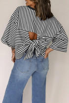 Black Stripe Bowknot Cutout Back Drop Shoulder Wide Bracelet Sleeve Loose Tee