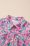 Pink Floral Collared Half Placket Short Sleeve Loose Dress