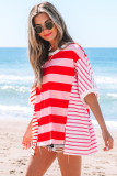 Pink Stripe Patchwork Round Neck Side Split Loose T Shirt