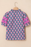Sachet Pink V-Neck Ruffle Abstract Floral Print Puff Sleeve Top