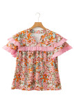 Multicolour Floral Tiered Ruffled Short Sleeve Blouse