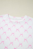 Pink Bow Knot Geometric Print Lettuce Trim Two Piece Lounge Set