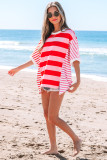 Pink Stripe Patchwork Round Neck Side Split Loose T Shirt