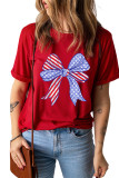 Red American Flag Bow Knot Print Crew Neck T Shirt