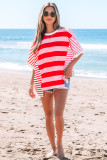 Pink Stripe Patchwork Round Neck Side Split Loose T Shirt