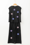 Color black Sequined Star Textured Cap Sleeve Tee and Cropped Wide Leg Pants Set