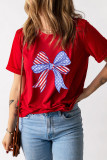 Red American Flag Bow Knot Print Crew Neck T Shirt