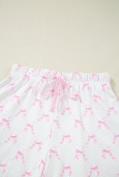 Pink Bow Knot Geometric Print Lettuce Trim Two Piece Lounge Set