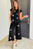 Color black Sequined Star Textured Cap Sleeve Tee and Cropped Wide Leg Pants Set