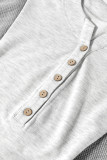 Light Grey Two Tone Contrast Waffle Knit Patched Buttoned V Neck Top