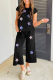 Color black Sequined Star Textured Cap Sleeve Tee and Cropped Wide Leg Pants Set