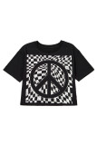 Black Checkerboard Peace Sign Printed Round Neck T Shirt