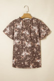 Khaki Retro Floral Print Tassel Tie Split Neck Short Sleeve Blouse