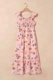 Pink Floral V Neck Smocked High Waist Ruffle Hem Long Dress