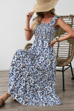 Sky Blue Boho Print Smocked High Waist Maxi Dress