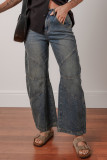 Sail Blue Exposed Stitching Loose Straight High Waist Jeans