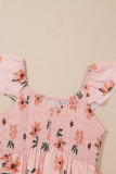 Pink Floral V Neck Smocked High Waist Ruffle Hem Long Dress