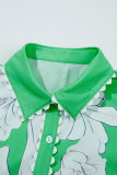 Green Floral Ric Rac Edge Puff Sleeve Button Up Summer Shirt