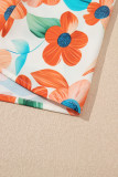 Orange Contrast Trim Floral Split Neck Puff Short Sleeve Tiered Mini Dress